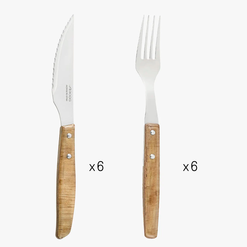 Juego de 6 pzas. Cuchillo Chuletero y 6 pzas Tenedor Madera de Chopo Comprimida